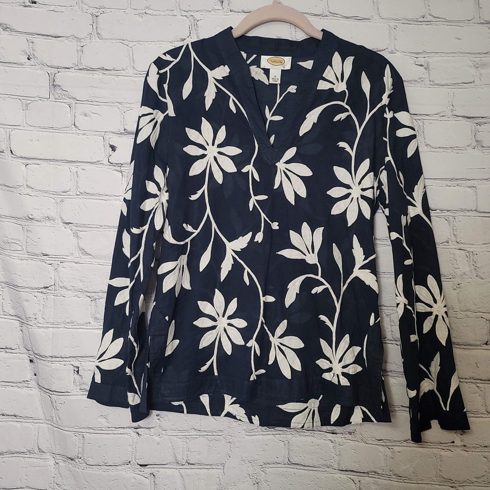 Talbots Navy Blue White Floral Crewel Embroidered V-Neck Tunic Blouse Cover up 6